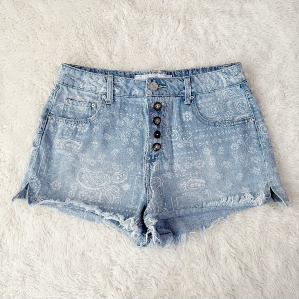 Indigo Rein Women Blue Paisley Denim Shorts US29 Boho Western County Folk